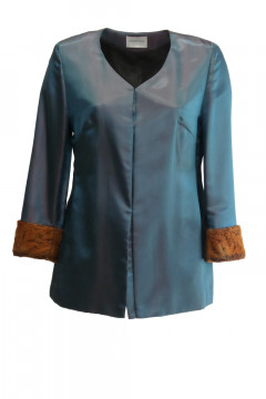 Jacket made of fine, shiny viscose fabric and fur on the sleeves