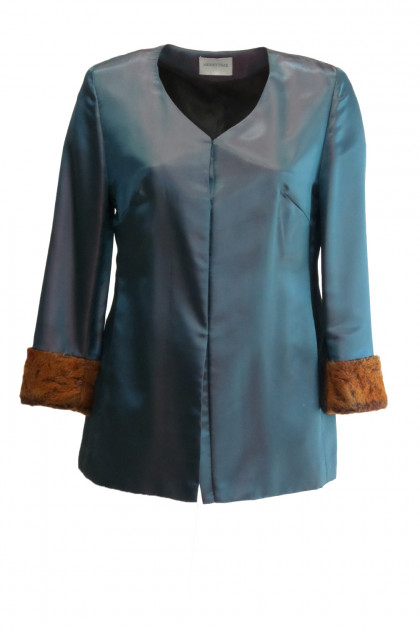 Jacket made of fine, shiny viscose fabric and fur on the sleeves