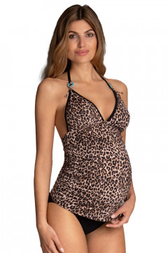 Leopard nonwired pregnancy tankini that ties at the neck