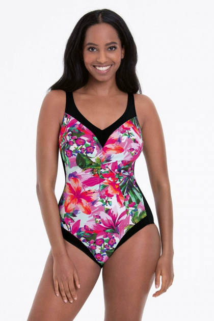 Φλοράλ ολόσωμο μαγιό χωρίς μπανέλες με σούρα μπροστά. Κολακεύει τη σιλουέτα