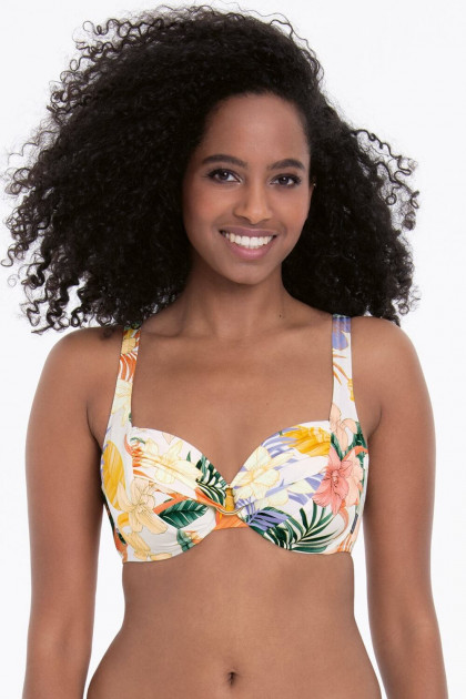 Εμπριμέ μπικίνι τοπ με μπανέλες και αγκράφα στο ντεκολτέ. Τέλεια στήριξη του στήθους