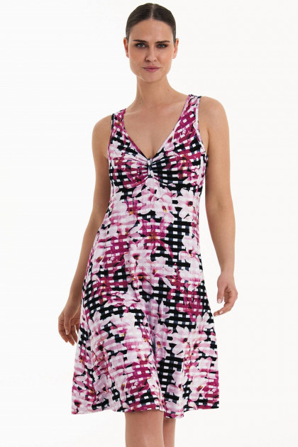 Ριγέ φλοράλ φόρεμα από ύφασμα ζέρσευ βισκόζη