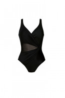 Κομψό ολόσωμο μαγιό χωρίς μπανέλες από ΄ύφασμα ανθεκτικό σε ντραπέ σχέδιο με τούλι