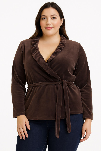 Velvet cardigan with frill on the front and belt