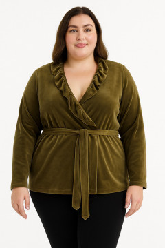 Velvet cardigan with frill on the front and belt