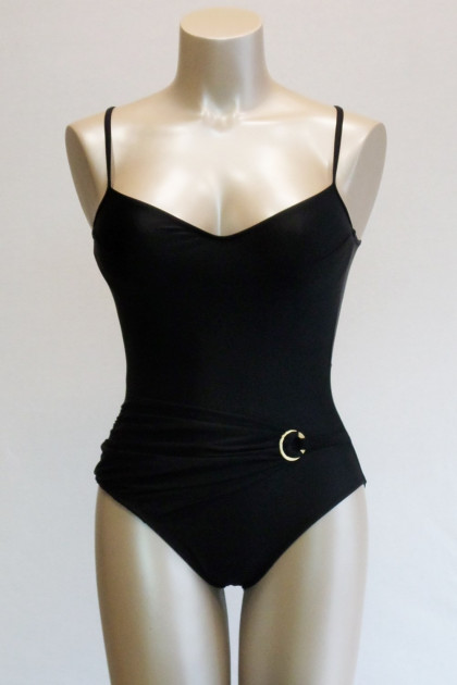 Κομψό oλόσωμο μαγιό με μπανέλες και με ζωνάκι που σουρώνει και αγκράφα