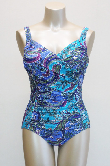 Εμπριμέ ολόσωμο μαγιό χωρίς μπανέλες με λαχούρια σε σταυρωτό σχέδιο