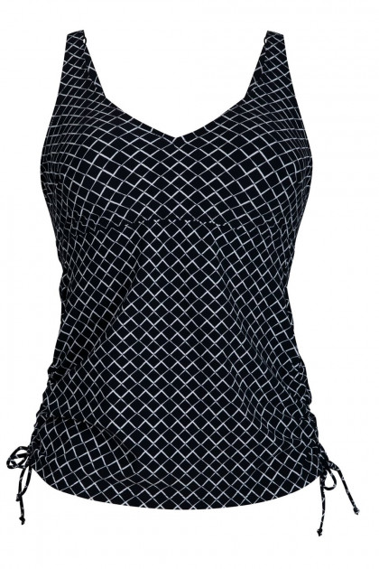 Τανκίνι τοπ με μπανέλες και κορδονάκια στα πλαϊνά. Κολακεύει την εύσωμη σιλουέτα