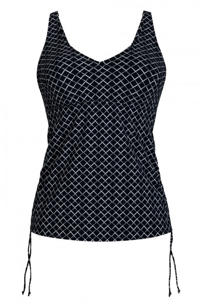 Τανκίνι τοπ με μπανέλες και κορδονάκια στα πλαϊνά. Κολακεύει την εύσωμη σιλουέτα