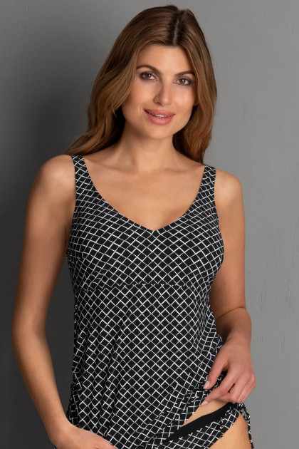 Τανκίνι τοπ με μπανέλες και κορδονάκια στα πλαϊνά. Κολακεύει την εύσωμη σιλουέτα