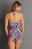 Embroidered pregnancy nonwired one-piece swimsuit. Can be worn strapless or with a tie at the neck.